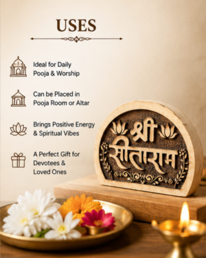 Decorative page listing uses: daily Pooja and worship, can be placed in pooja room or altar; foreground shows flowers and small oil lamps