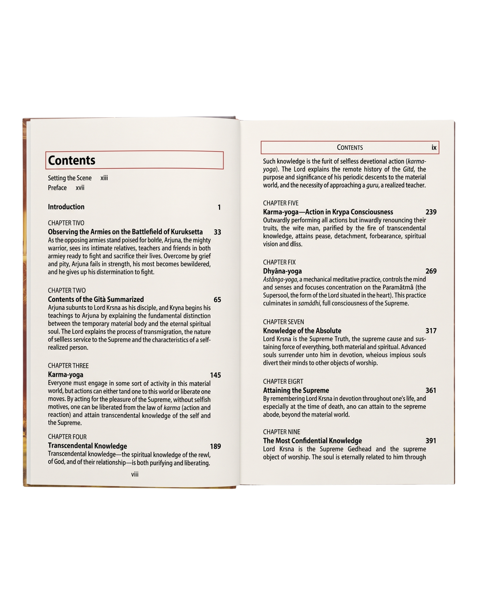 Open two-page spread showing a book's contents/index with chapter listings and page numbers (Contents page).