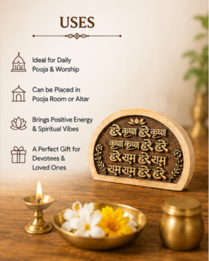 Poster-style image titled USES listing用途: daily Pooja & Worship; can be placed in Pooja room or altar; brings positive energy & spiritual vibes; gift for devotees & loved ones (partial view).