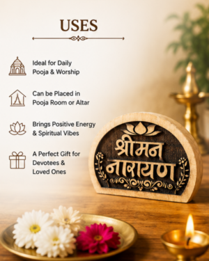 Poster titled USES describing daily pooja and worship, with decorative icons and a lit diya in the foreground.
