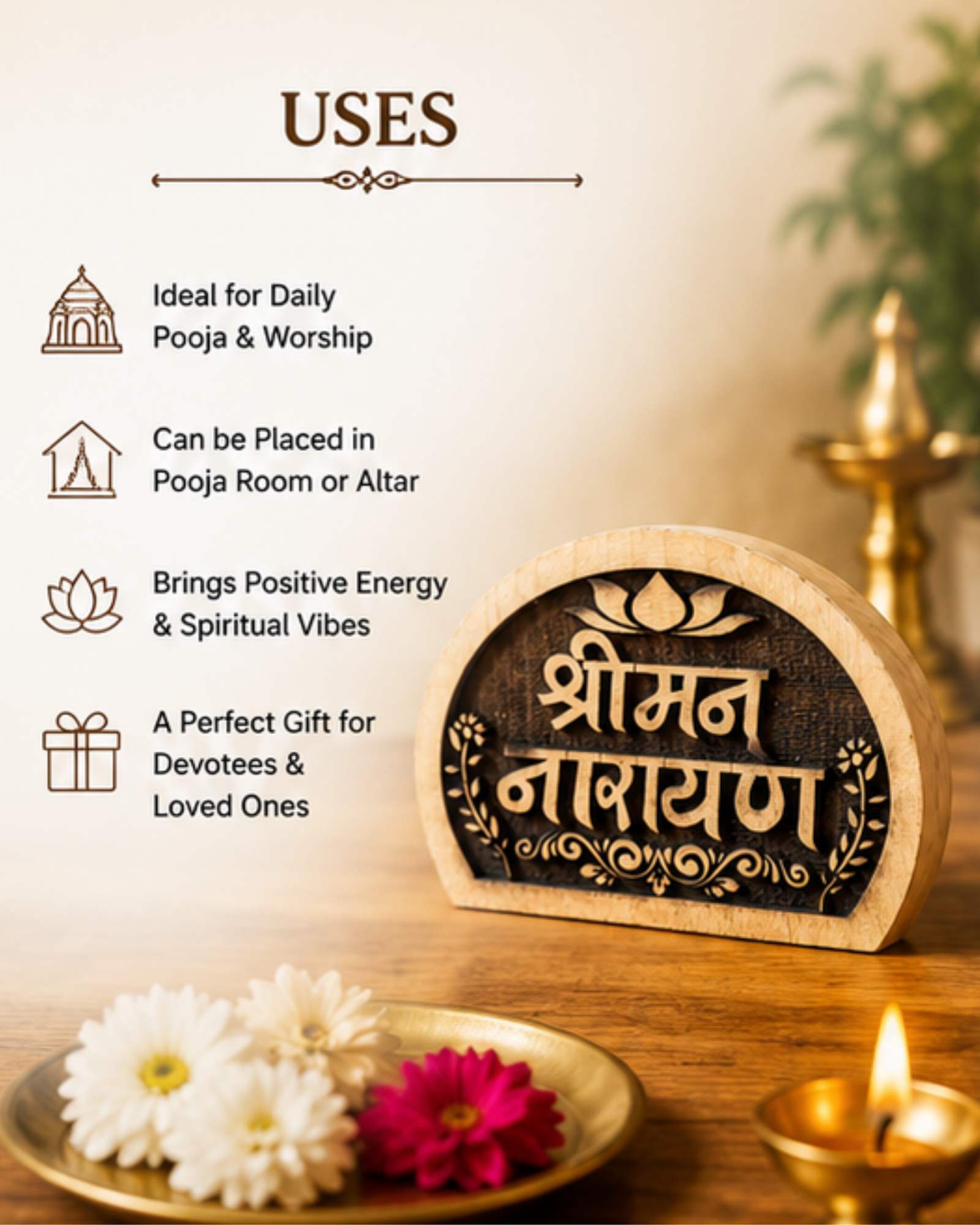 Poster titled USES describing daily pooja and worship, with decorative icons and a lit diya in the foreground.