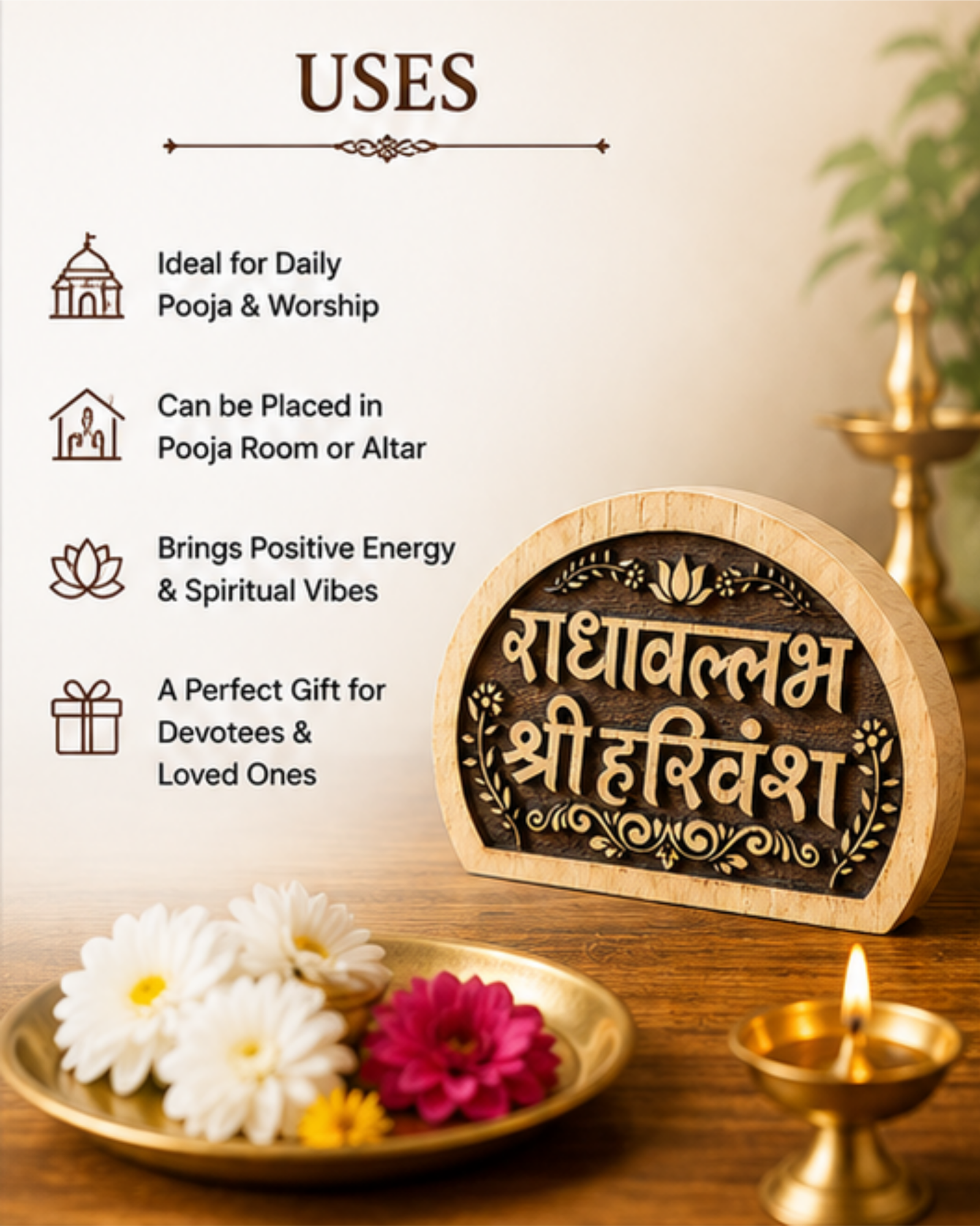 Handcrafted Semi-Circle Kadamb Wood Radhavallabh Shri Harivansh Naam Sewa Frame from Vrindavan (10x7 cm) - Image 4