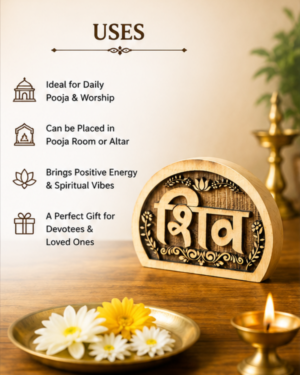 Decorative sign listing uses for a devotional space, with flowers and a lit diya in the foreground.