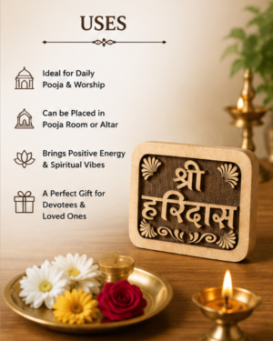 Poster listing uses for a Pooja item—daily worship, place in a Puja room or altar; brass lamps and flowers on a wooden table.