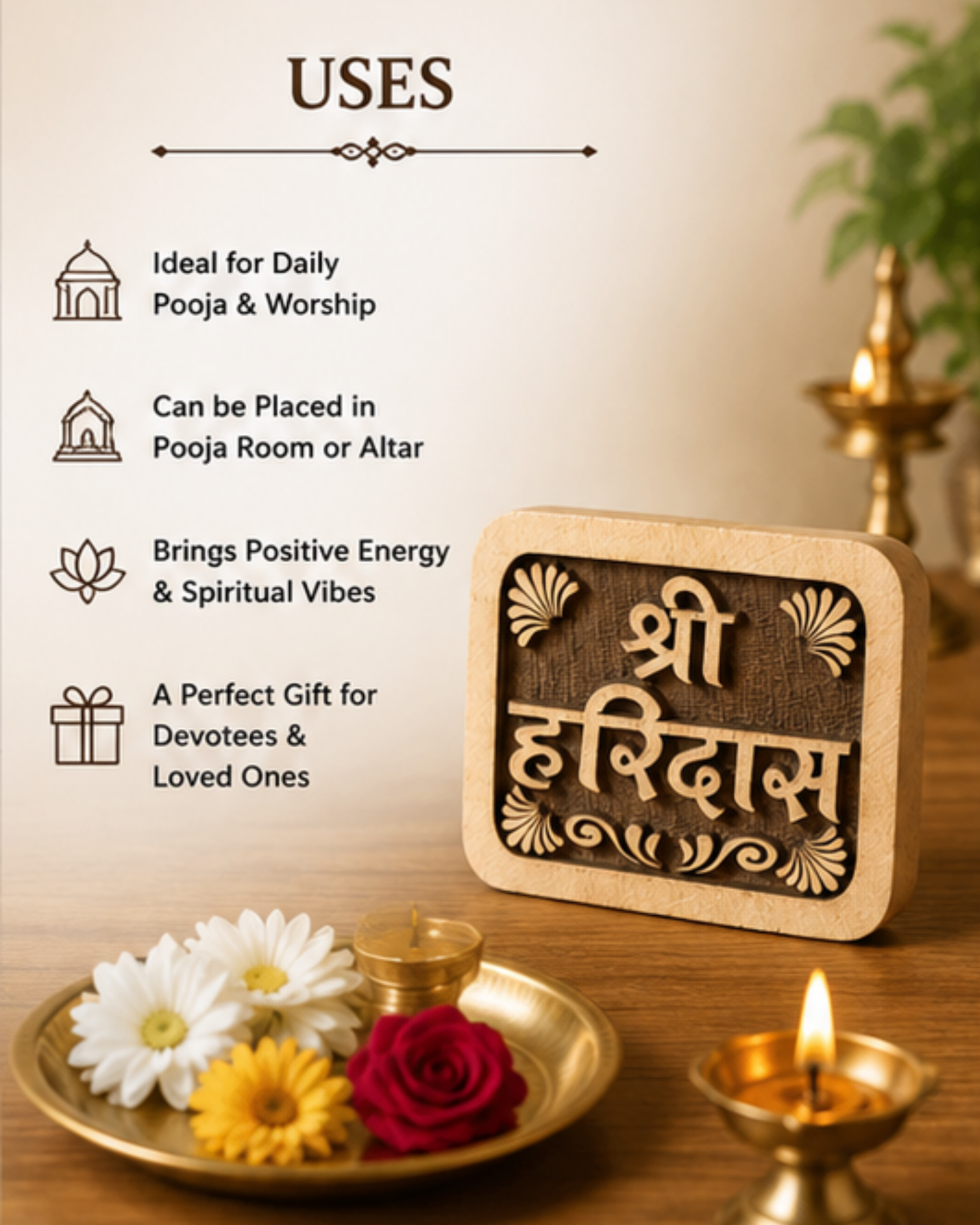 Poster listing uses for a Pooja item—daily worship, place in a Puja room or altar; brass lamps and flowers on a wooden table.