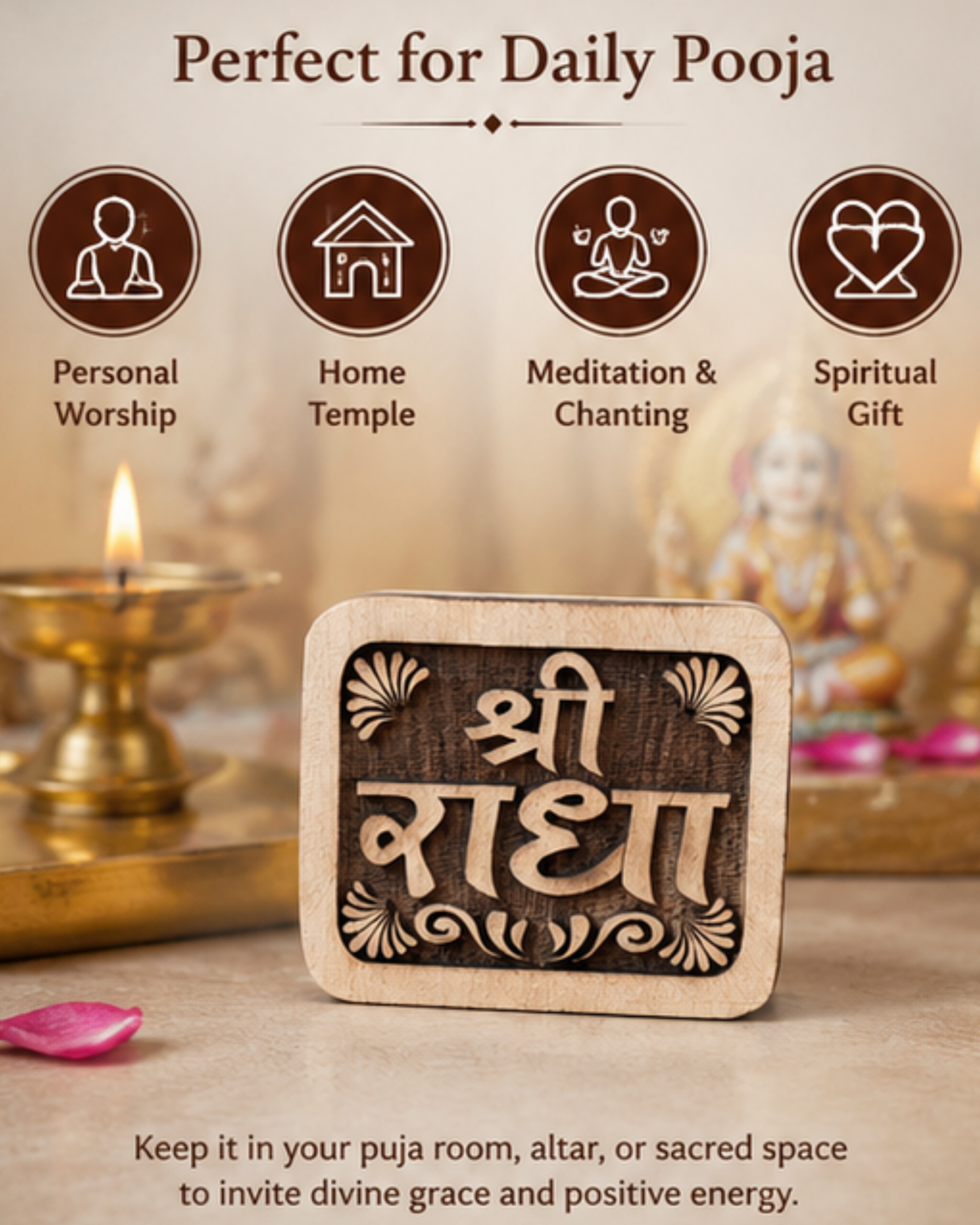 Handcrafted Square Kadamb Wood Shri Radha Naam Sewa Frame from Vrindavan (7.5x6 cm) - Image 3