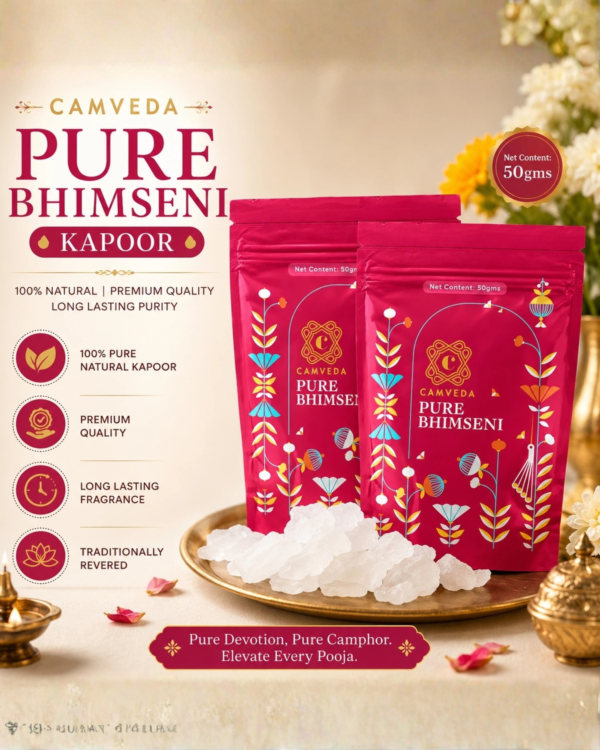 Camveda pure Bhimseni Kapoor 50g original natural camphor pouch for spiritual pooja and home freshness