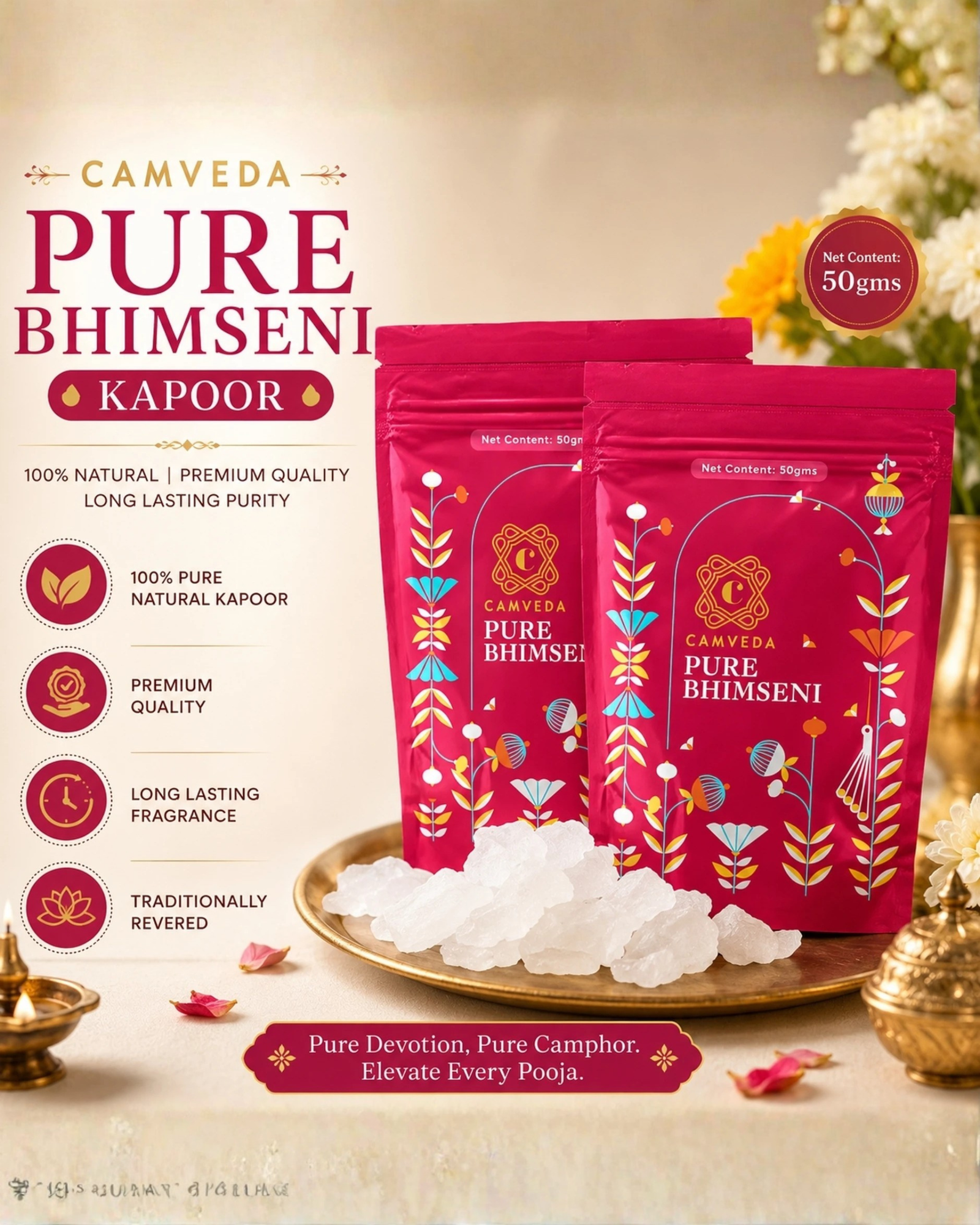 Camveda pure Bhimseni Kapoor 50g original natural camphor pouch for spiritual pooja and home freshness