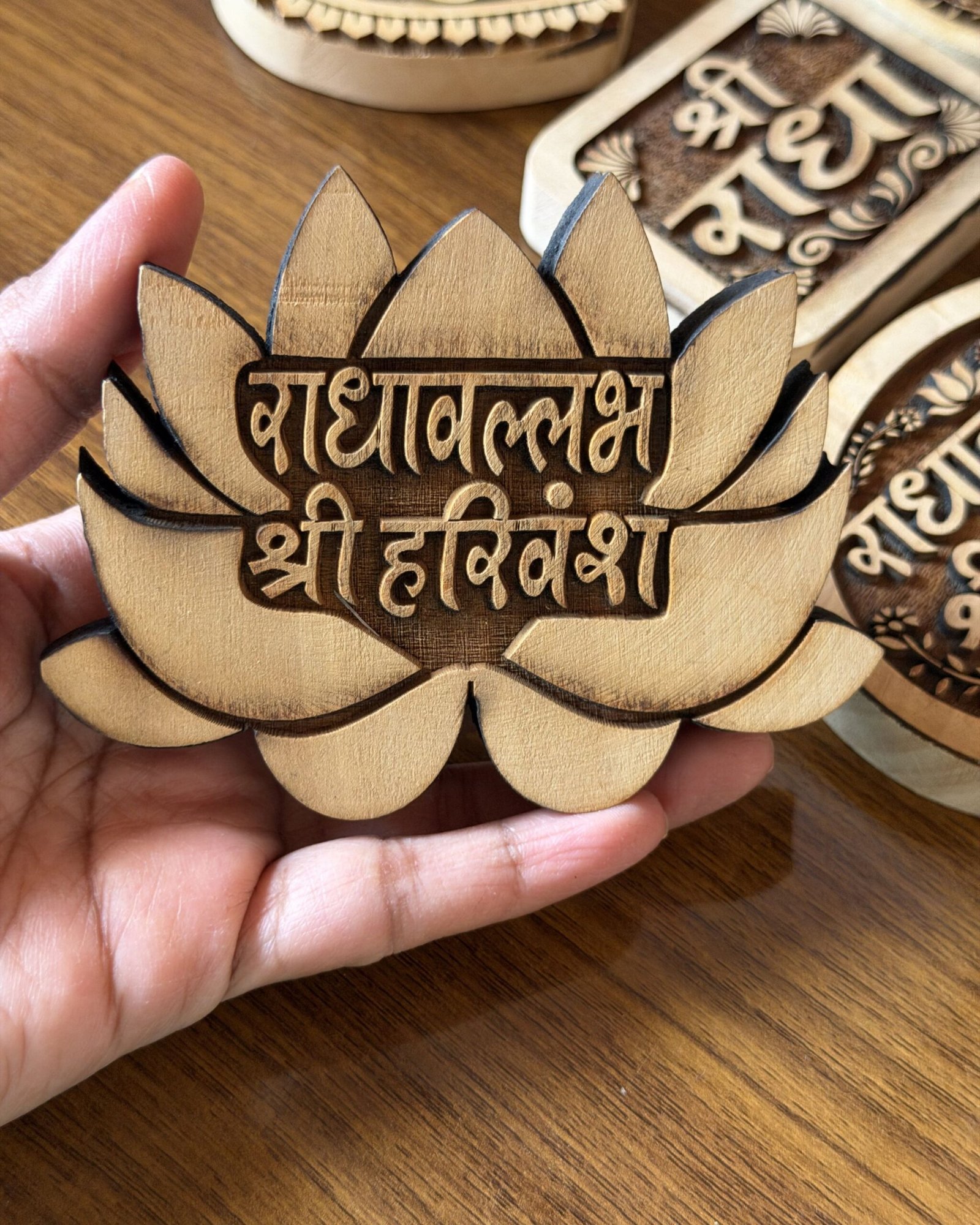 Handcrafted Lotus Shape Kadamb Wood Radhavallabh Shri Harivansh Naam Sewa Frame from Vrindavan (10x7.5 cm) - Image 6