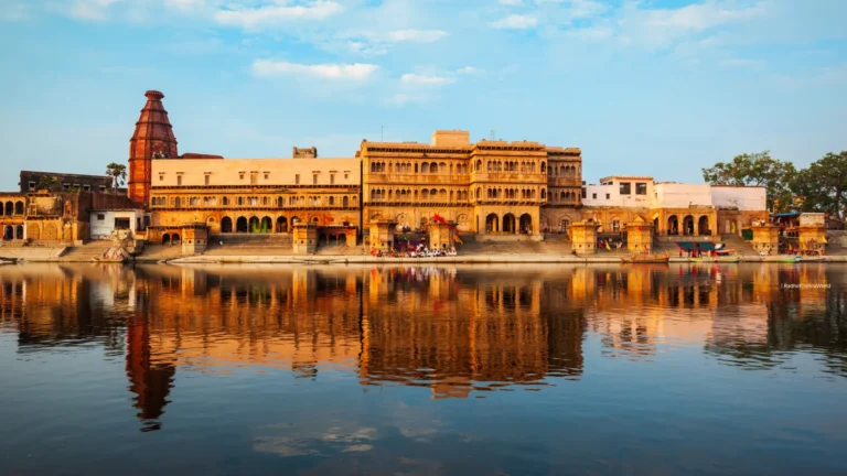 Ghats on the Yamuna in Vrindavan at sunset